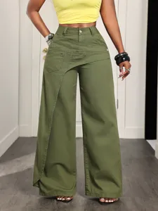 Army green high waist asymmetrical wide leg denim pants for women casual stylish long trousers