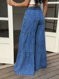 Women's tiered denim wide leg pants featuring comfortable elastic waist casual long jeans.