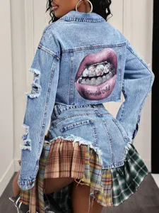 Dames Kort Spijkerjasje Distressed Gerafelde Zoom Print Revers Knoopsluiting Jas Streetwear Casual Blauw Top