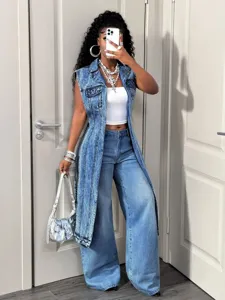 Long denim vest for women, front long back short sleeveless jacket, casual streetwear style.