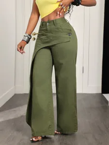 Olive green high waist wide leg casual pants for women, stylish asymmetric design detail shot.