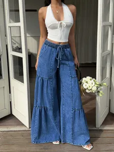 Detailed view of women high waist tiered wide leg denim jeans with drawstring elastic waistband.
