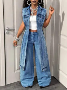 Detailed view of the stylish asymmetric denim vest, showcasing the raw hem and trendy look.