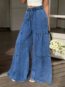 High waist denim wide leg pants with elastic drawstring and tiered ruffle details for women.