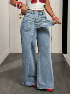 Asymmetrical high-waist wide-leg denim jeans for women, trendy casual streetwear trousers.