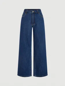 Women's dark blue high waist wide leg denim trousers casual fashion stylish jeans pants