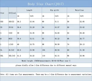 Detailed size chart for J017 women denim shorts with exact measurements in cm and inch for fit.