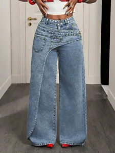 Women Asymmetrical High Waist Wide Leg Denim Jeans Trendy Casual Long Blue Trousers