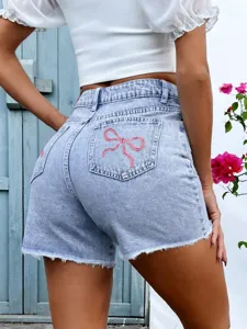 Women High Waist Denim Shorts Frayed Raw Hem Pink Bow Embroidered Stretchy Jean Shorts Summer Casual Streetwear Bottoms
