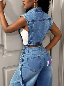 Women Denim Vest and Jeans Set Casual Sleeveless Crop Top Blue Denim Outfit