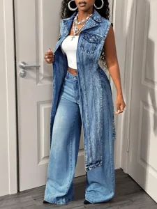 Long denim vest for women casual sleeveless denim duster jacket with wide leg jeans outfit