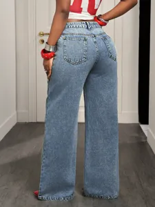 High-waisted wide leg jeans detail shot, classic light wash denim trousers, comfortable fit.