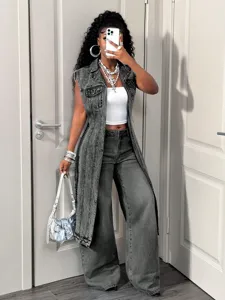 Women long denim vest casual front-long back-short sleeveless waistcoat streetwear apparel