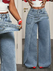 Asymmetrical high waist wide leg jeans for women, trendy denim pants with unique layered waist.