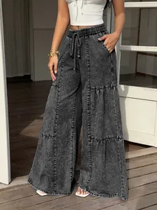 Women grey acid wash wide leg jeans elastic drawstring high waist casual denim trousers