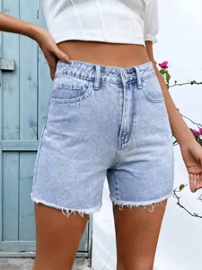 Stylish high waist light wash denim shorts featuring trendy raw hem and comfortable everyday fit.