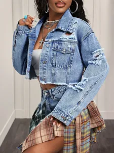 Dames cropped destroyed spijkerjas casual bovenkleding lange mouwen gerafelde blauwe jas streetwear.