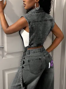 Vintage dark grey denim vest and matching pants set for women, stylish streetwear outfit.