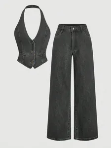Grey denim halter vest and wide-leg pants set, stylish casual women's two-piece outfit.