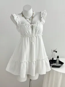 Damen Süß Polyester Einfarbig Kleid Rüschen Kordelzug Eckiger Ausschnitt A-Linie Schlanke Passform Lässig Kurz Kleid Für Urlaub