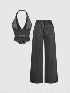 Women dark grey denim set featuring a chic halter crop top and matching wide leg pants.