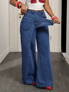 Detailed view of trendy asymmetric high waist wide leg denim jeans for casual daily wear.
