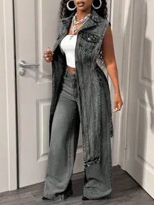 Details of the stylish grey denim vest featuring an asymmetric long front and short back design.