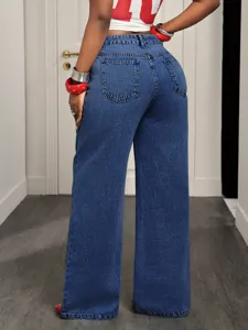 Women's blue high-waisted wide-leg denim jeans, casual back pocket stylish trousers.