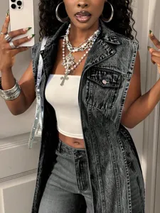 Vintage grey denim vest for women, stylish asymmetric sleeveless outerwear top detail.