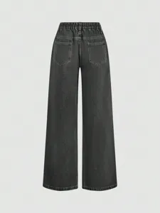 Back detail of dark grey wide-leg denim pants featuring an elastic waist and patch pockets.