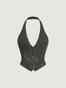 Women's dark gray denim halter vest, chic V-neck sleeveless casual top detail view.