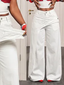 White high-waisted asymmetric crossover wide-leg jeans for women, stylish denim trousers.