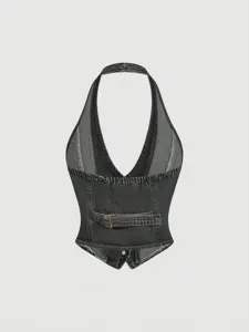 Dark grey denim halter top with contrast panels, adjustable back strap and stylish cutout design.