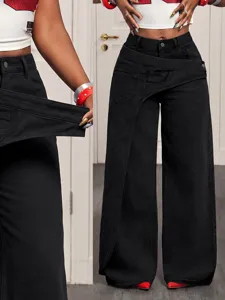 Detail shot of trendy women's black denim wide-leg pants with asymmetrical high waist design.