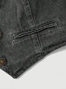 Dark grey denim vest detail shot, premium fabric texture with metal buttons and fine stitching.