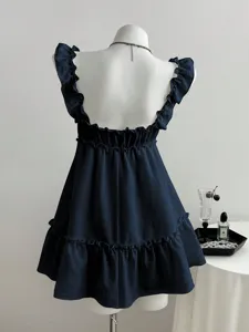 Dunkelblaue ärmellose Rüschen Sling Sommerkleid, rückenfreies A-Linie Damen Sommerkleid.