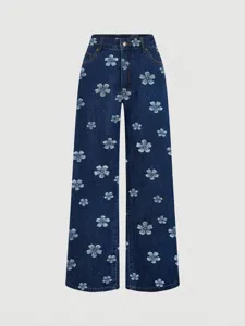 Dark blue denim wide-leg trousers featuring an all-over floral print design, casual style detail.