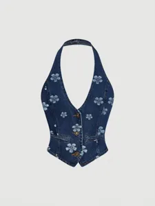Dark blue denim halter vest featuring chic floral print, front button closure and V-neck line.