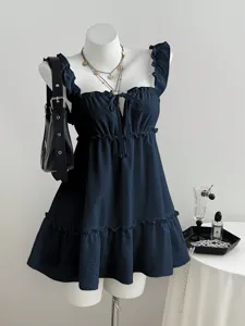 Sommer dunkelblaue Rüschen Cami Mini Kleid Damen, ärmelloses A-Linien Freizeitkleid.