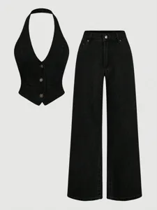 Black denim two piece set featuring a halter vest and wide leg pants for women stylish casual wear.