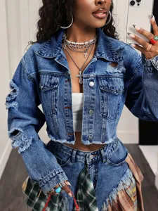 Dames cropped distressed denim jasje rafelige zoom vintage blauwe streetwear