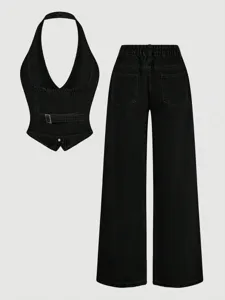 Black denim matching set featuring a stylish halter neck top and high waist wide leg trousers.
