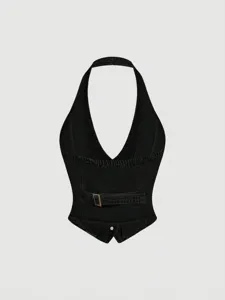 Black denim halter top for women, stylish V-neck sleeveless backless crop vest apparel.