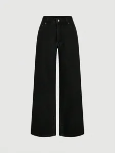 Womens high waist wide leg black denim jeans, casual loose fit long trousers for daily wear.