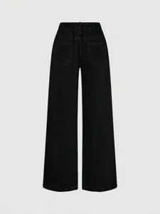 Black high-waisted wide-leg denim jeans for women, comfortable loose casual long trousers.