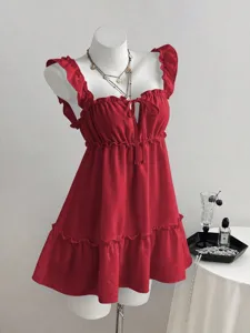 Rotes ärmelloses Rüschen A-Linien Slip Dress Damen Sommer sexy lässiges Trägerkleid detail
