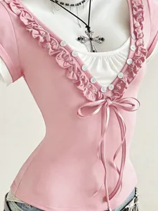 T-shirt rosa con volant a maniche corte stile Y2K dolce top a strati con fiocco e bottoni