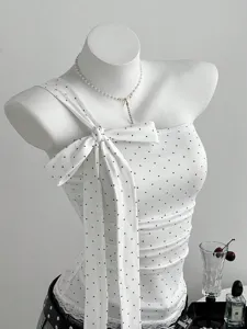 Women Polka Dot One Shoulder Bow Cami Top Slim Fit Sleeveless Printed Tank Top for Summer Party