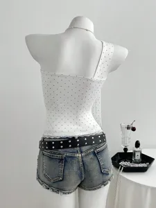 Polka dot one-shoulder bow women's top detail view, showing stylish sweet summer outfit.