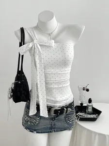 Sweet polka dot off-shoulder tube top with bow, trendy European and American style women fashion.